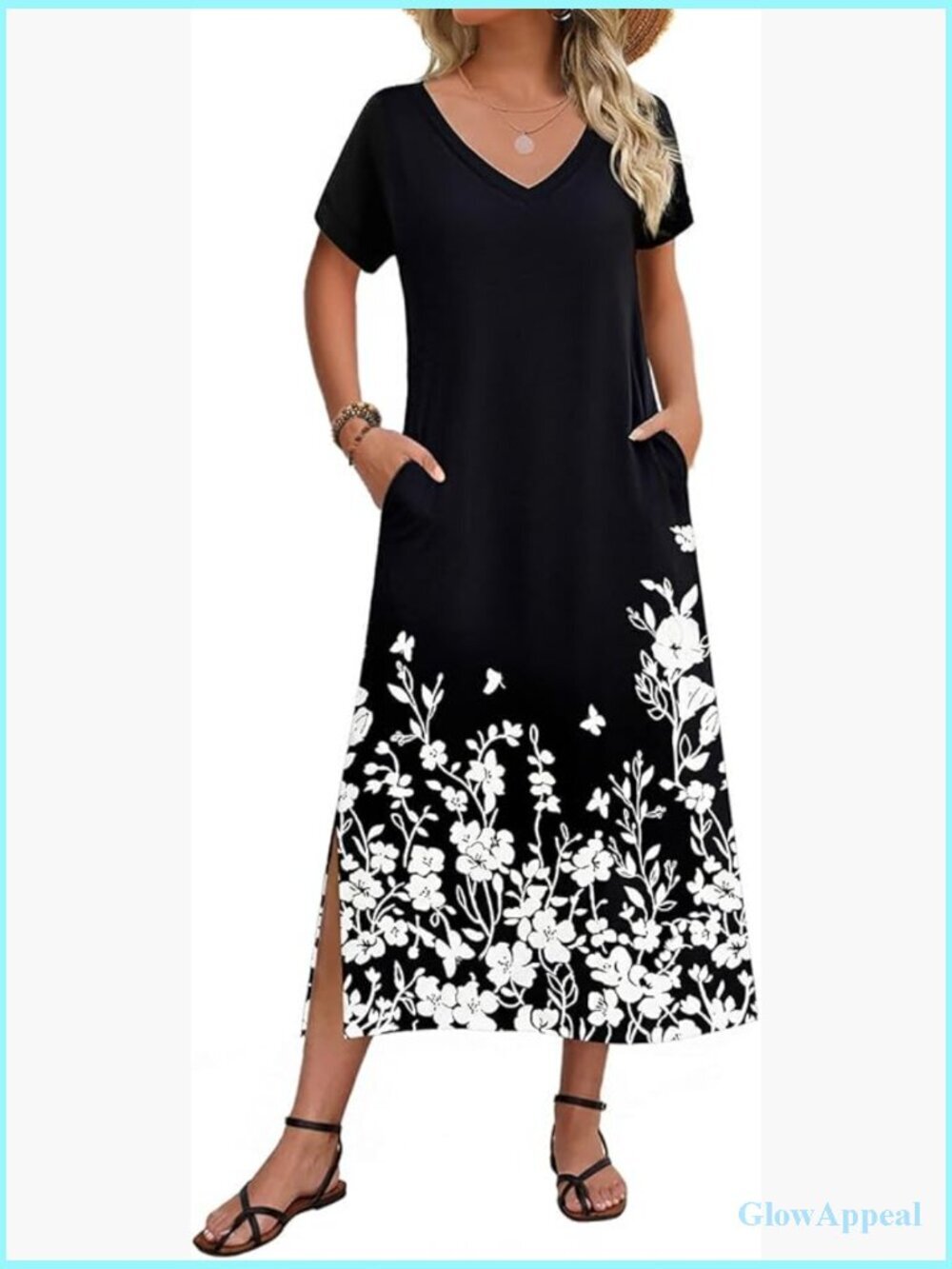 Flowing V-Neck Maxi Dress with Pockets - Side Split - Short Sleeve, Summer